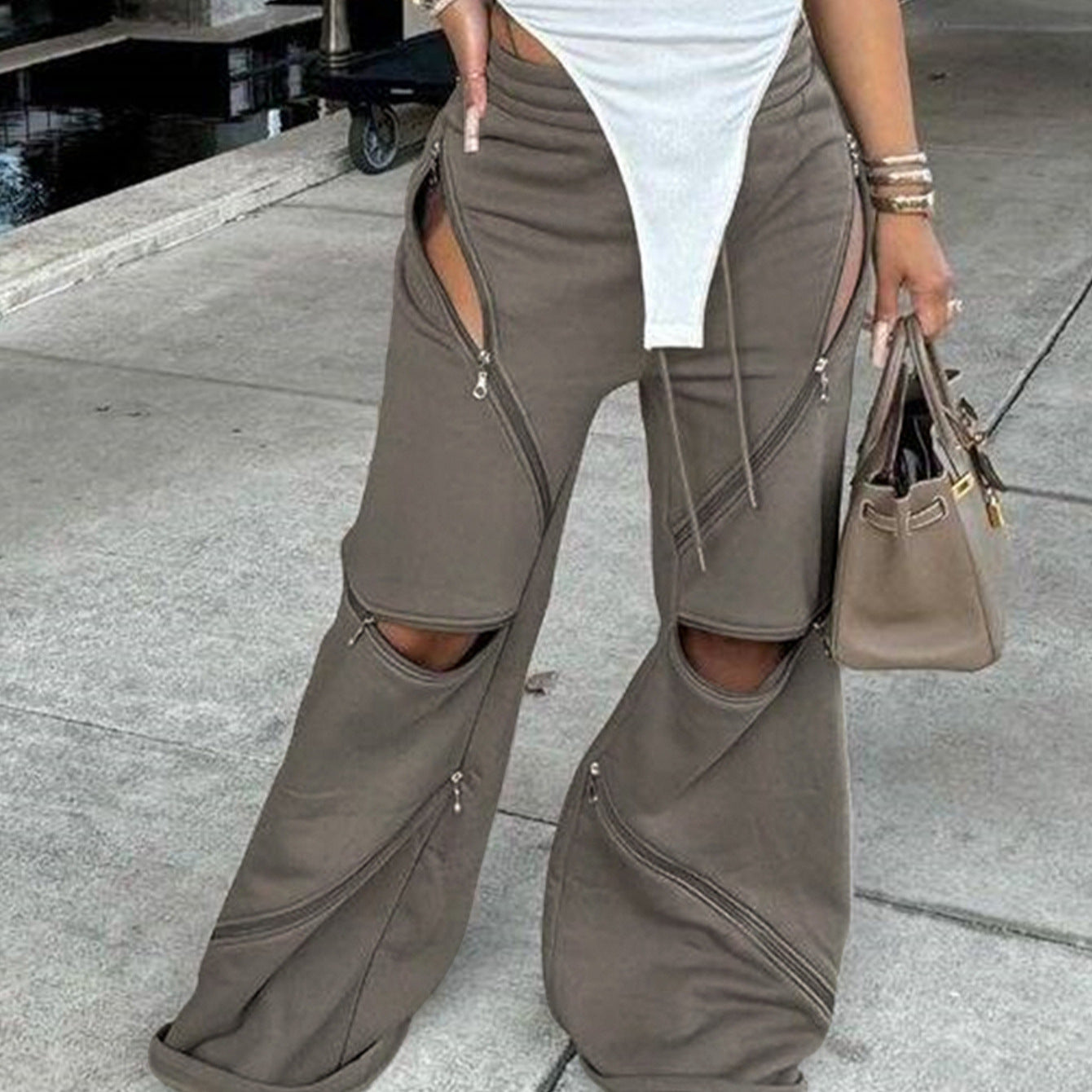 Fashionable Patchwork Wide-leg Flared Pants With Multiple Zippers DC-Beyond Borders Collective