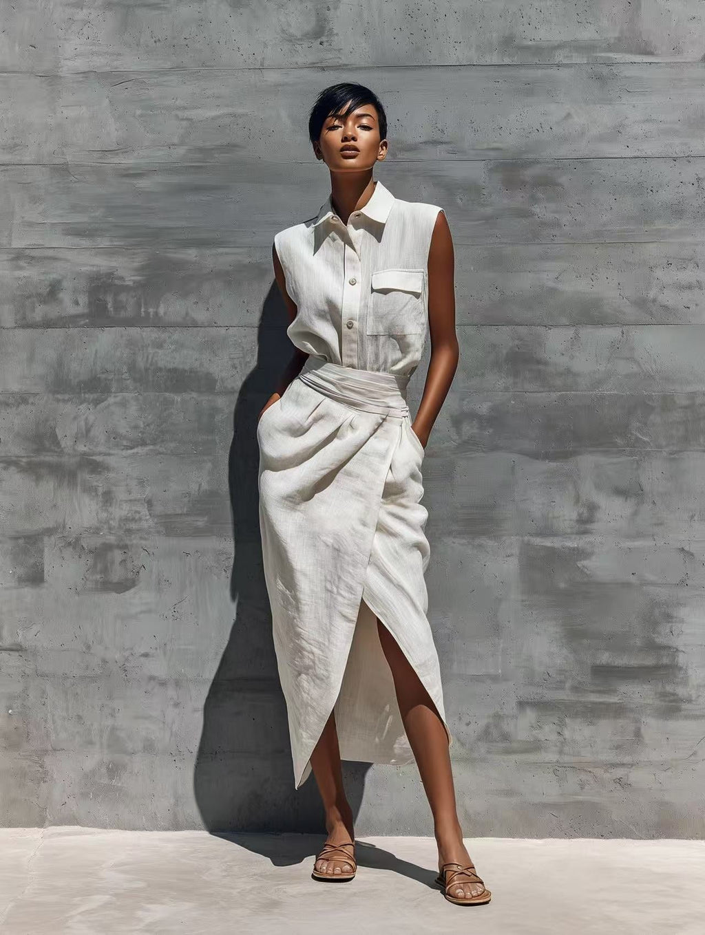 Sleeveless Lapel-button Pocket Shirt And Slit Skirt Set DC-Beyond Borders Collective