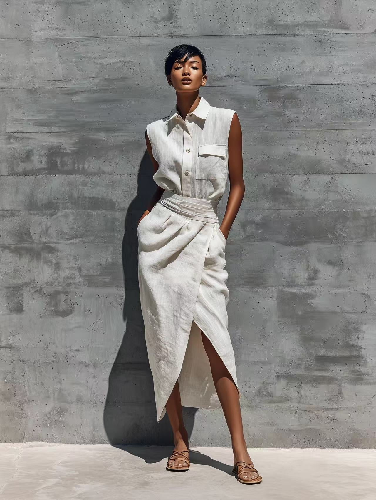 Sleeveless Lapel-button Pocket Shirt And Slit Skirt Set DC-Beyond Borders Collective