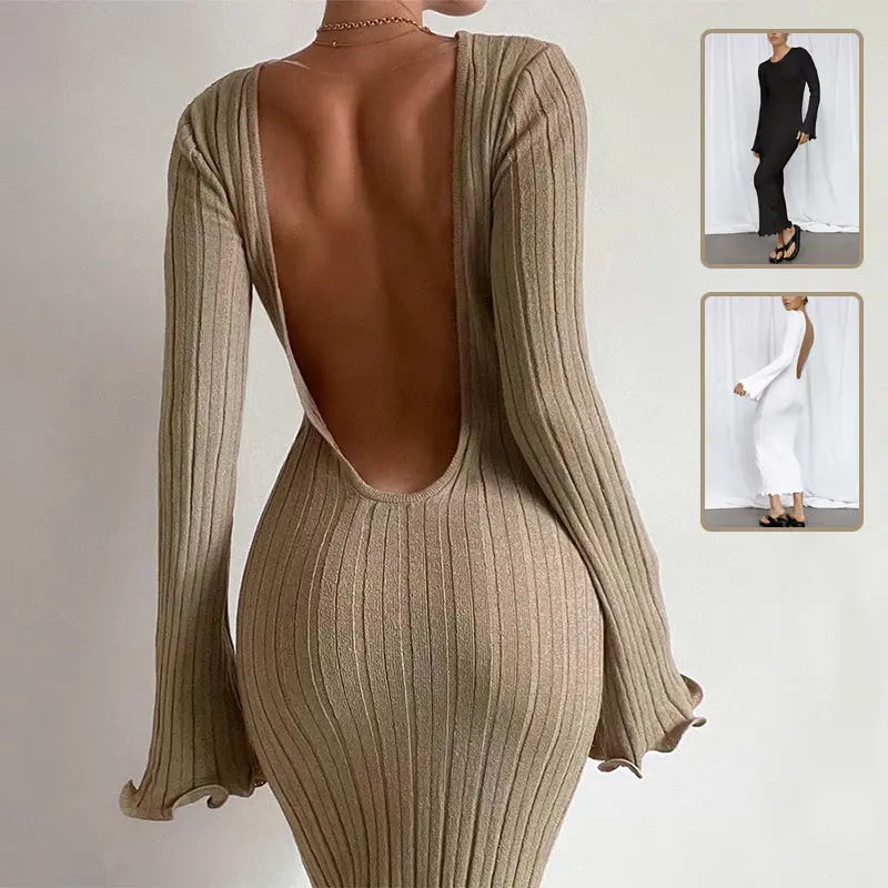Fashion Slim Long-sleeved Ruffled Long Dress Sexy Hip-wrapped Back-less Knitted Maxi Dresses For Party Beach Womens Clothing RightOn68