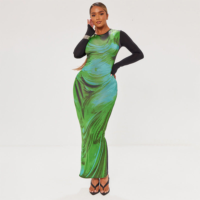 Round-neck Printed Long-sleeve Waist-cinching Sheath Dress DC-Beyond Borders Collective