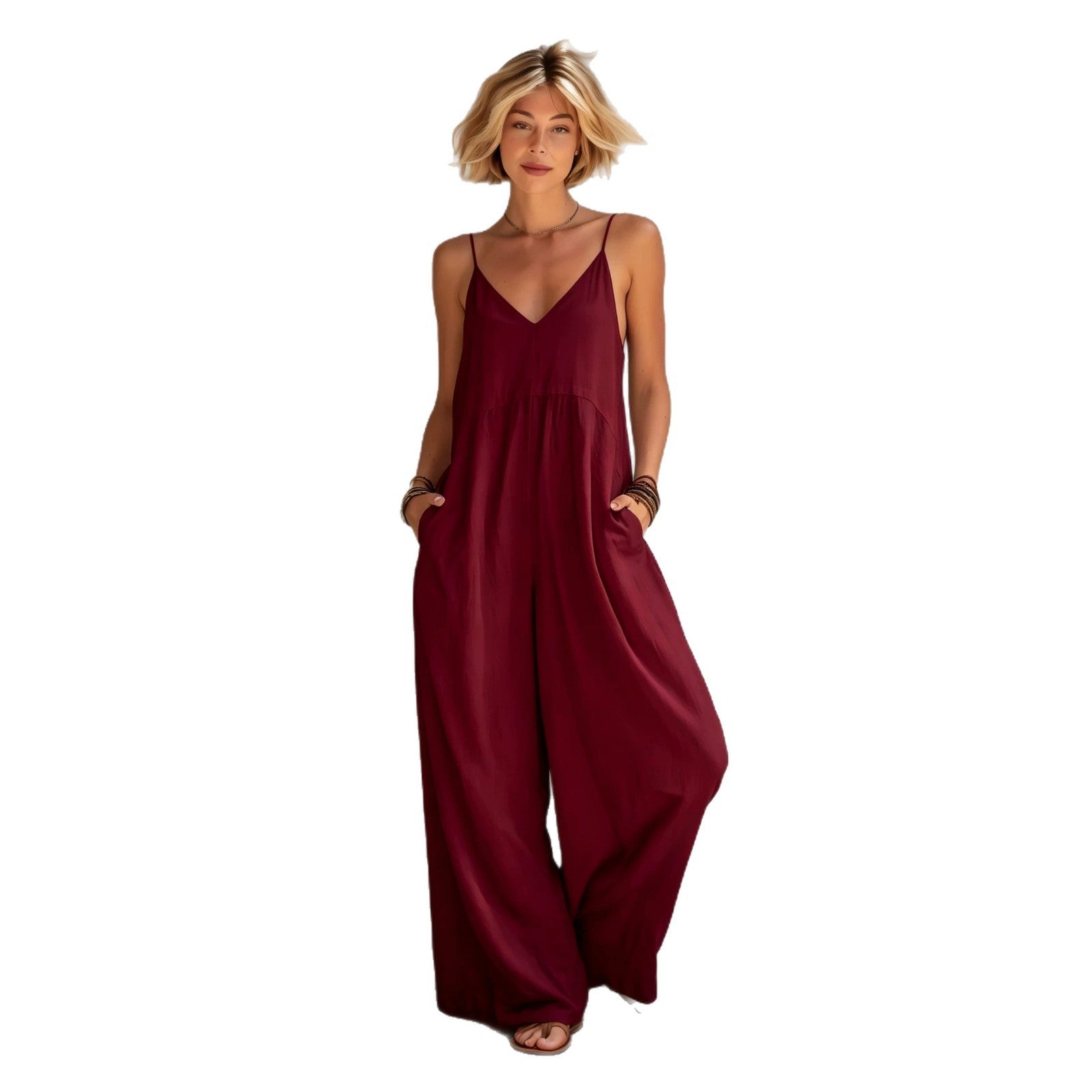 SpringSummer New Womens Solid-Color Cotton-Linen V-Neck Lace-Up Suspender Wide-Leg Jumpsuit DC-Beyond Borders Collective