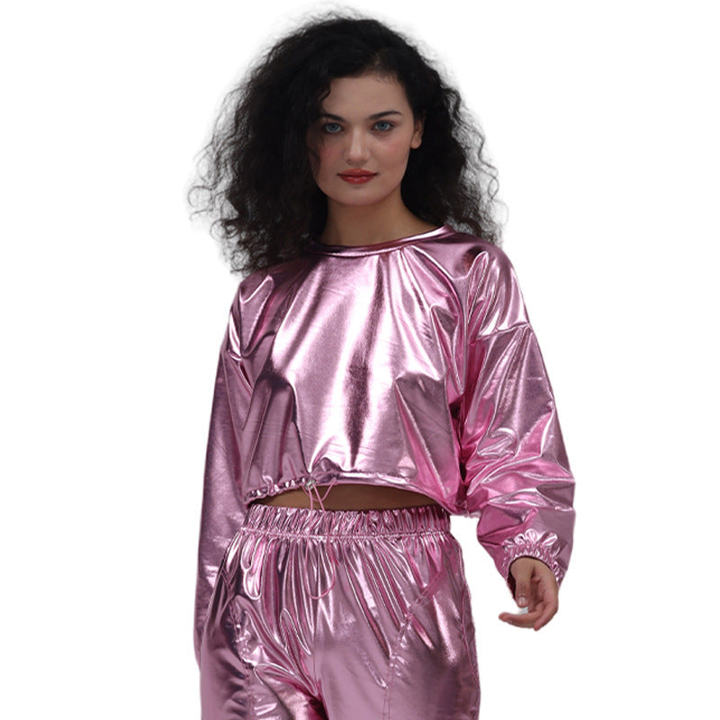 Long Sleeve Round Neck Drawstring Embossed Shiny Leather Sweatshirt DC-Beyond Borders Collective