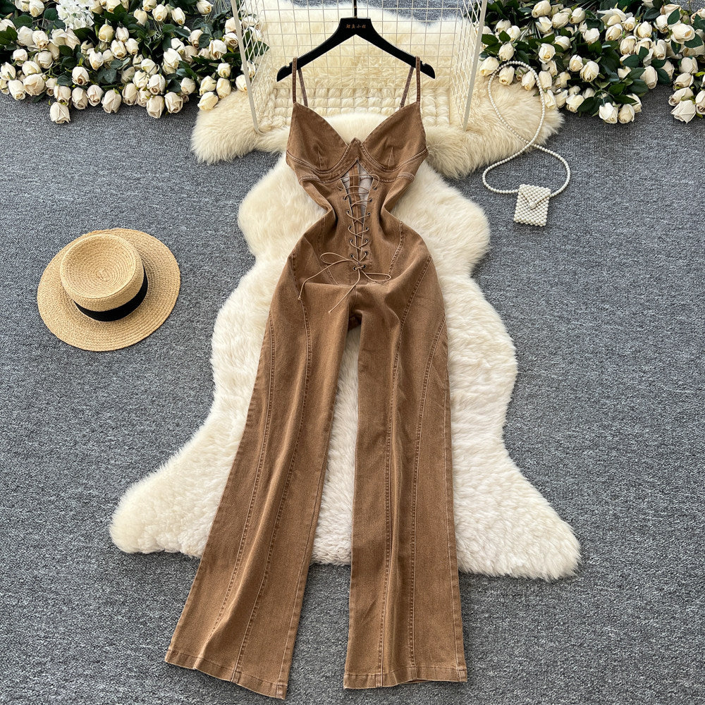 Niche-design Hollow-out Strap-waistband Denim Jumpsuit DC-Beyond Borders Collective