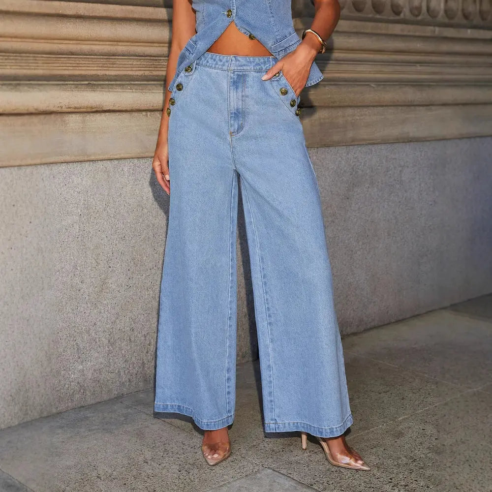 Denim Sleeveless Vest and Wide Leg Straight Pants Set RightOn68