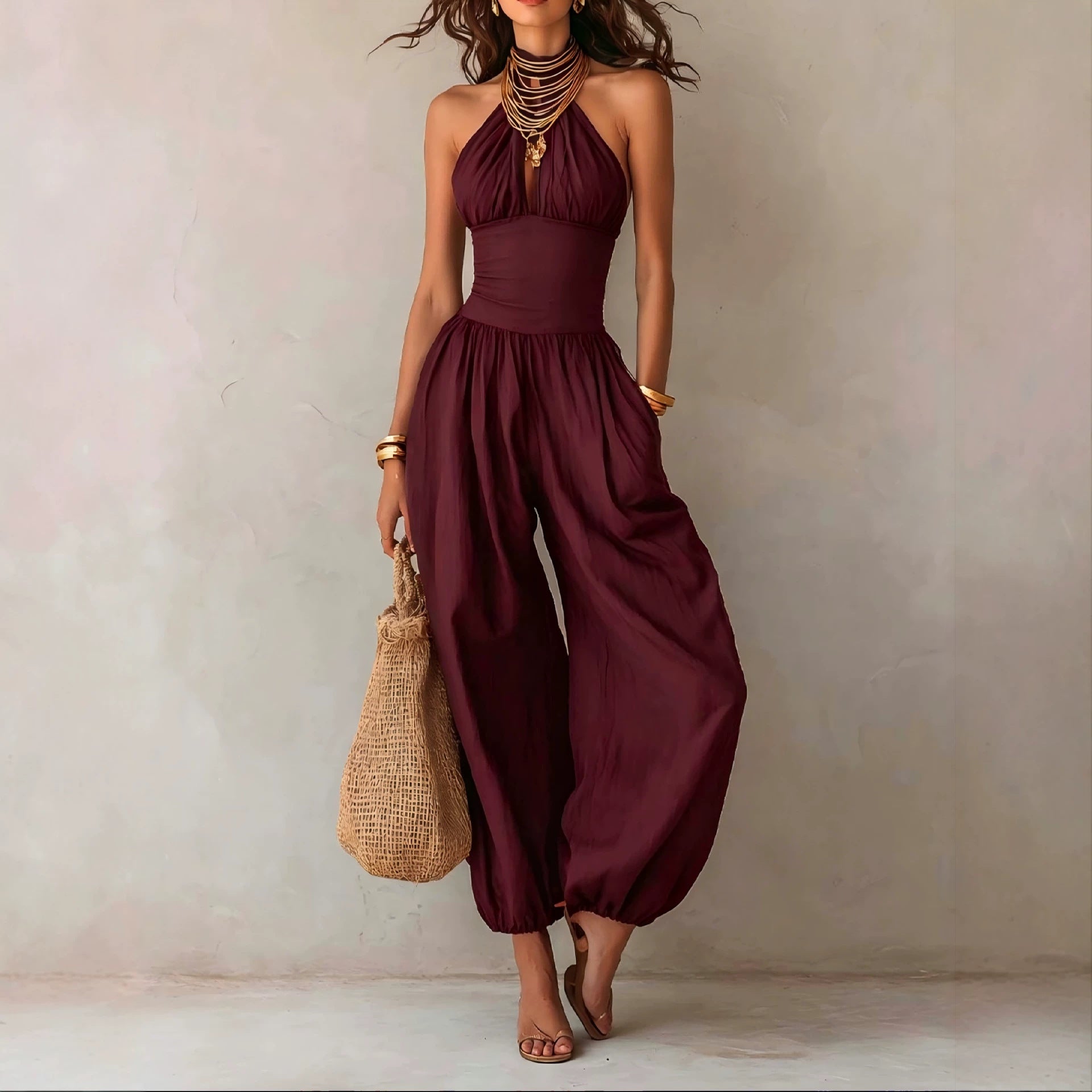 Bohemian-style Backless Hollow-out Lantern-leg Jumpsuit DC-Beyond Borders Collective