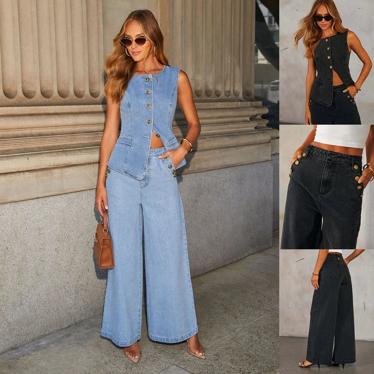 Denim Sleeveless Vest and Wide Leg Straight Pants Set RightOn68