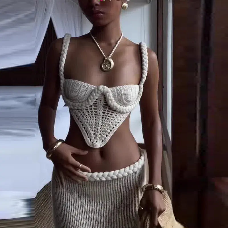 Y2K Crochet Knit 2 Piece Skirt Set Women's Square Collar Camisole Hip Skirt Hollow Out Strapless Tube Top Low Waist Bodycon Maxi Skirts Outfit RightOn68