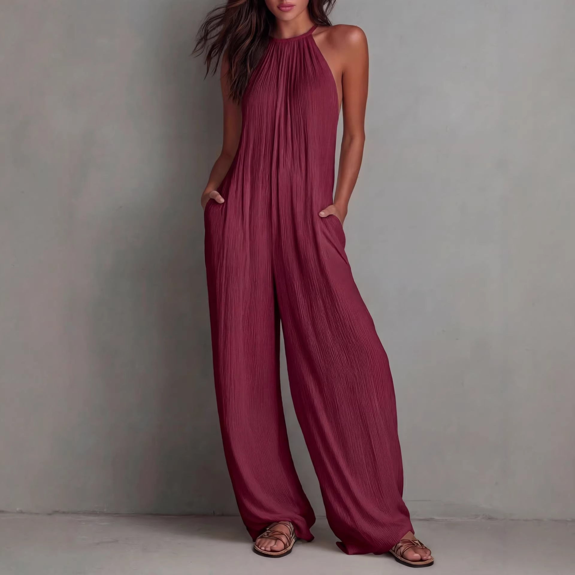 Resort-style White Pleated Open-back Wide-leg Jumpsuit DC-Beyond Borders Collective