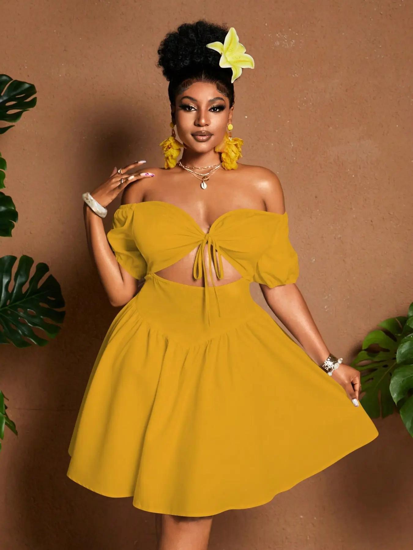 Womens Solid-color Plus-size Off-shoulder Midriff-baring Puff-sleeve Dress DC-Beyond Borders Collective