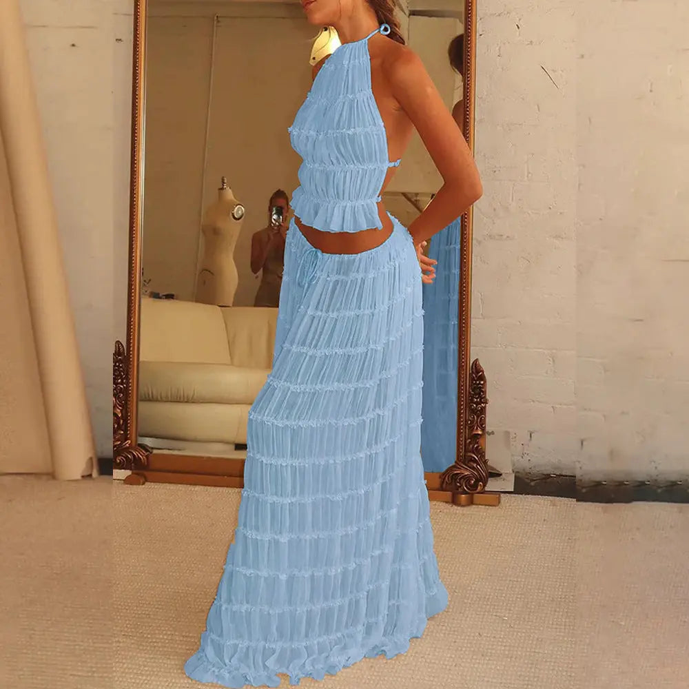 2pcs Women's Dress Suit Sexy Sleeveless Backless Cropped Halter Top And Pleated Long Skirt Beach Clothing DC-Beyond Borders Collective