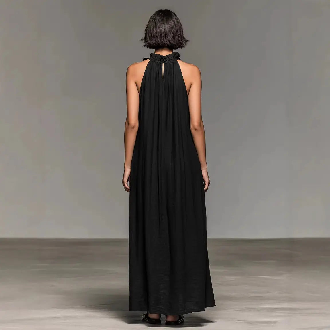 Resort Style Ruffled Halter Neck Sleeveless Maxi Dress - Loose Fit Flattering Flowy Skirt For Party Evening Gown DC-Beyond Borders Collective