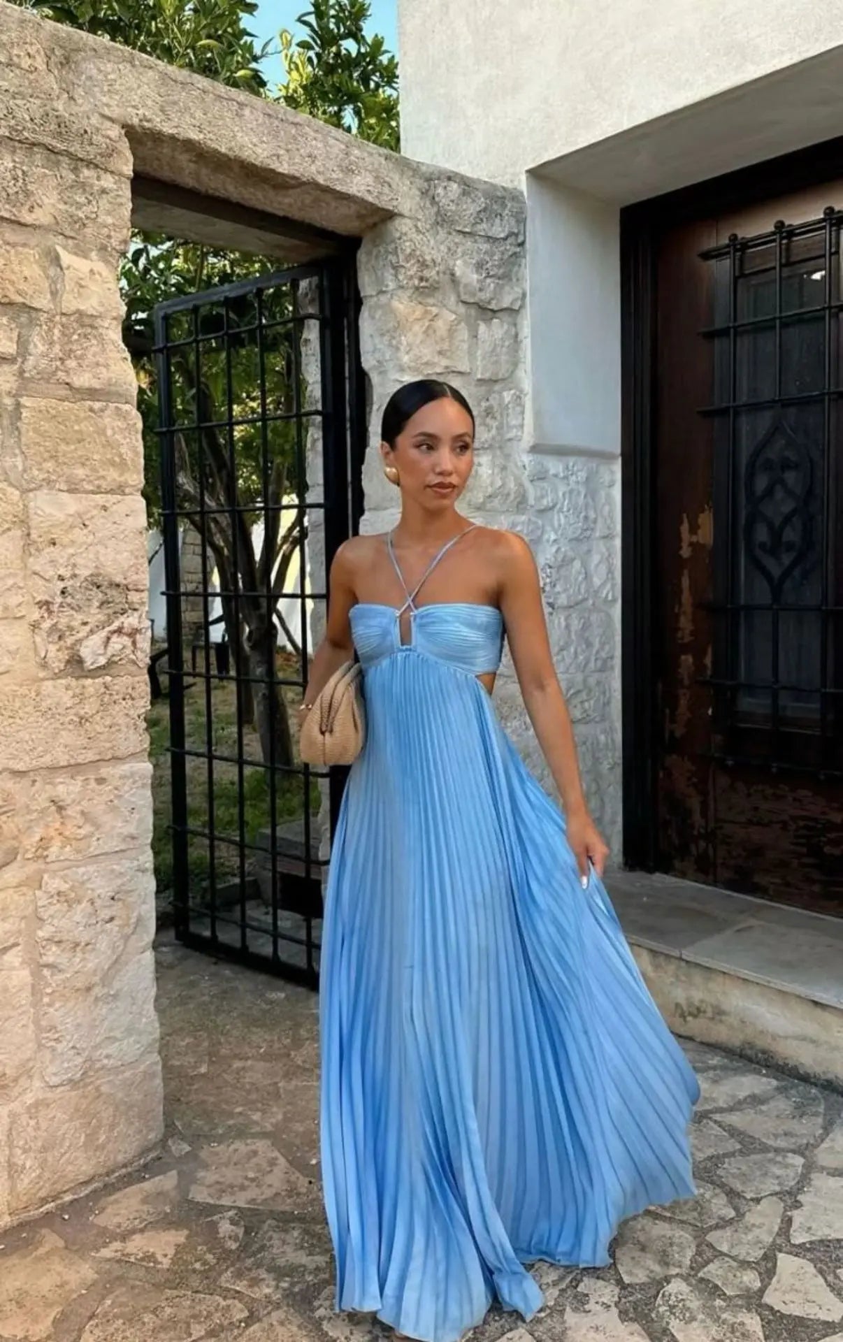 Ins Pleated Sleeveless Sling Dress Hollow High Waist Halter Robe Dresses For Evening Party Club Clothing Women DC-Beyond Borders Collective