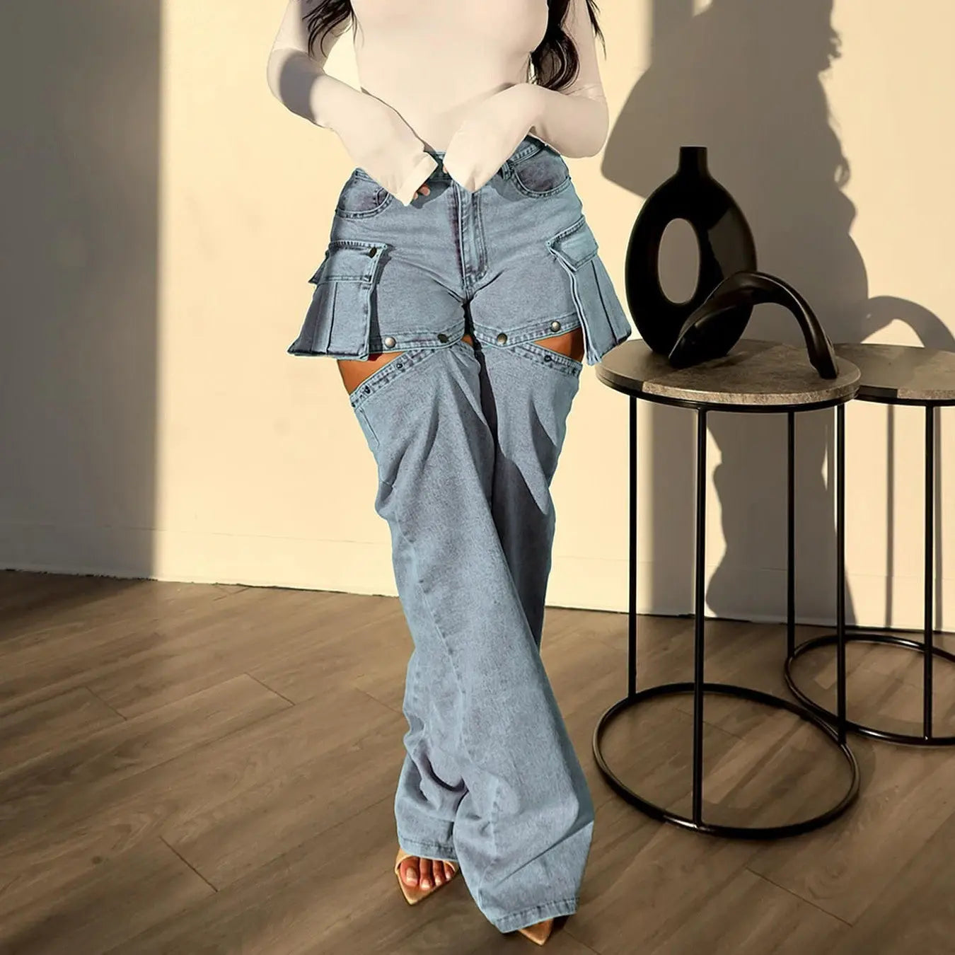 Women's Detachable Hanging Bag And Pants Stretch Denim Wear Shorts Trousers RightOn68