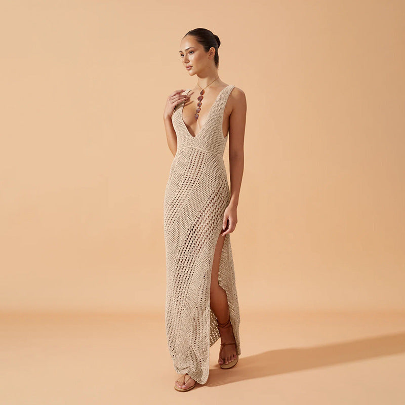 European And American-style Solid-color Sexy V-neck Slit Knit Beach Dress For Women DC-Beyond Borders Collective