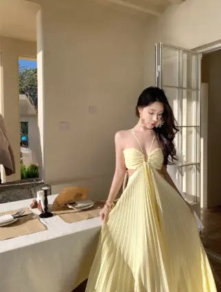 Ins Pleated Sleeveless Sling Dress Hollow High Waist Halter Robe Dresses For Evening Party Club Clothing Women DC-Beyond Borders Collective