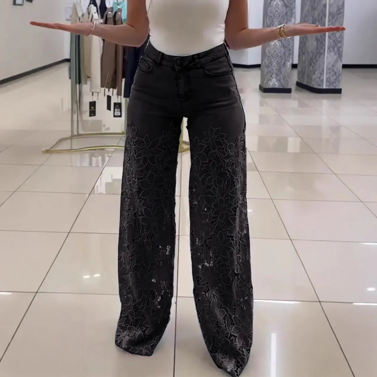 Y2K Lace Flowers Hollow Jeans Fashion High Waist Straight Wide Leg Pants Solid Color Trousers Women's Clothing RightOn68