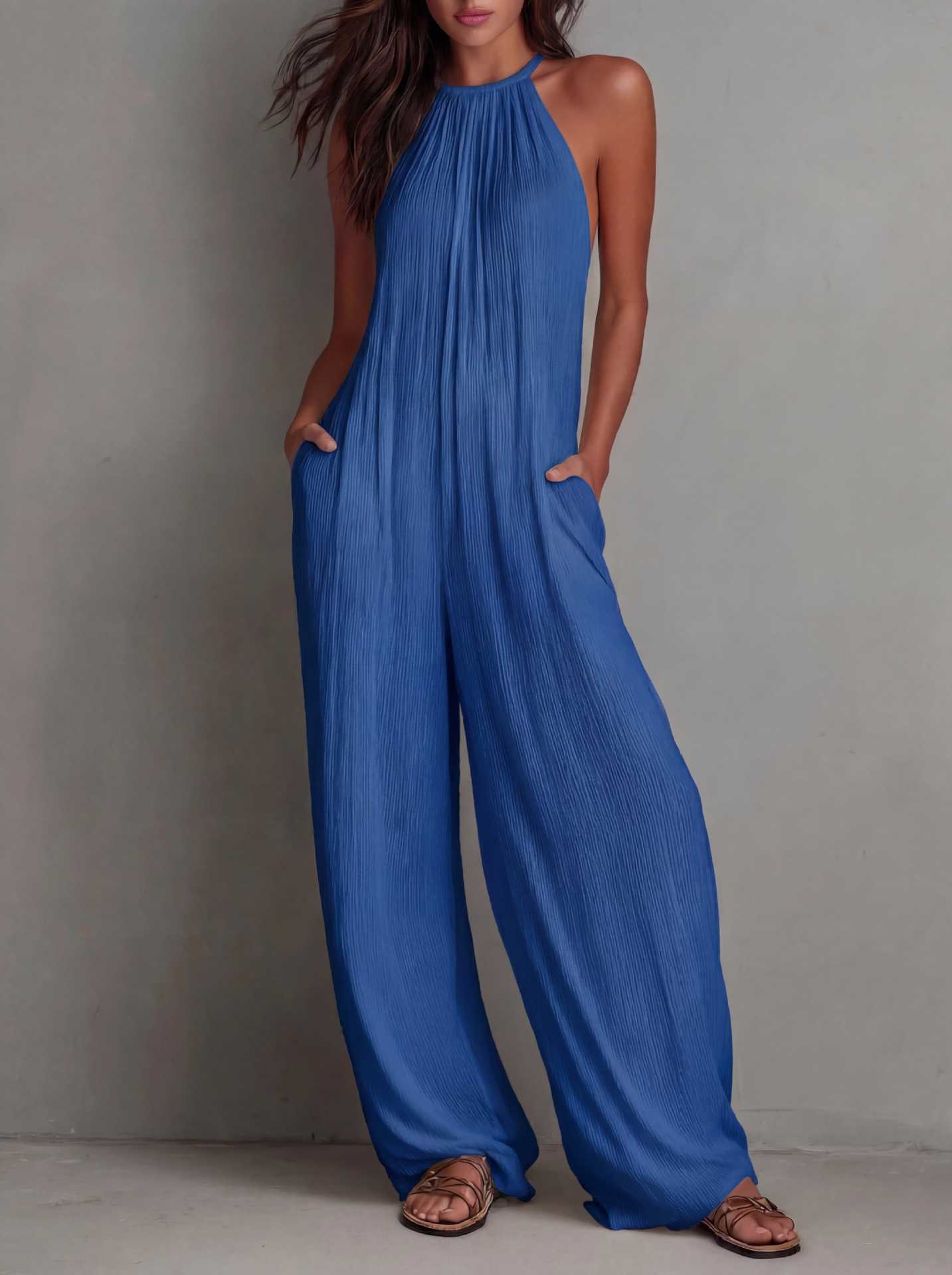 Resort-style White Pleated Open-back Wide-leg Jumpsuit DC-Beyond Borders Collective