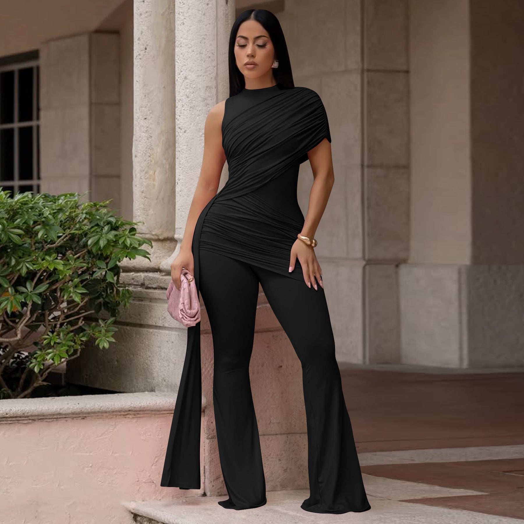 Sexy Crew-Neck Pleated Ribbon Jumpsuit DC-Beyond Borders Collective