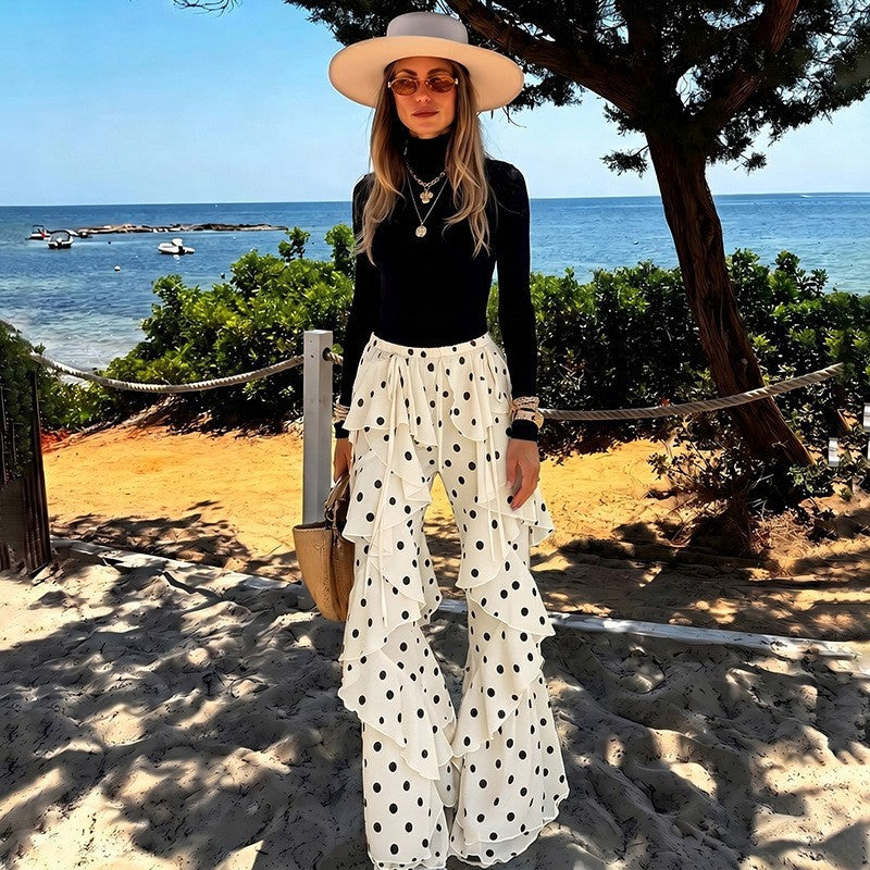 Womens Lace-Up Patchwork Polka-Dot Print Flounce-Trim Cropped Pants DC-Beyond Borders Collective