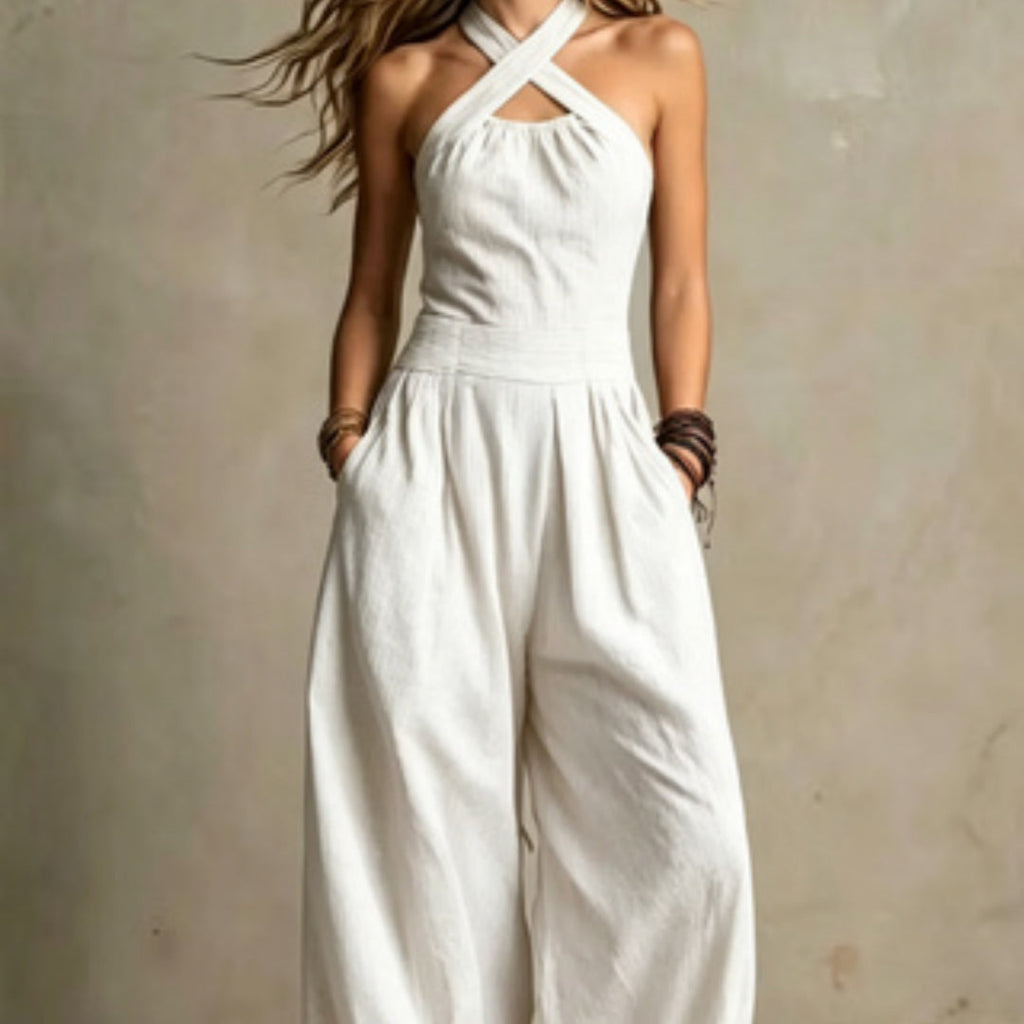 Womens Solid-Color Halterneck Sleeveless Waist-Cinching Fashionable Jumpsuit DC-Beyond Borders Collective