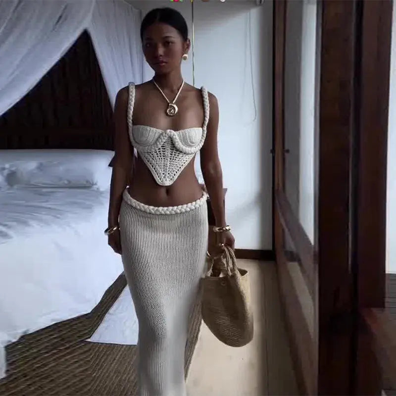 Y2K Crochet Knit 2 Piece Skirt Set Women's Square Collar Camisole Hip Skirt Hollow Out Strapless Tube Top Low Waist Bodycon Maxi Skirts Outfit RightOn68