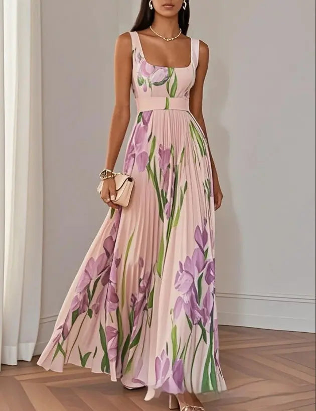 Floral Print Pleated Dress Summer A-Line Sleeveless Midi Dresses Women's Clothing DC-Beyond Borders Collective