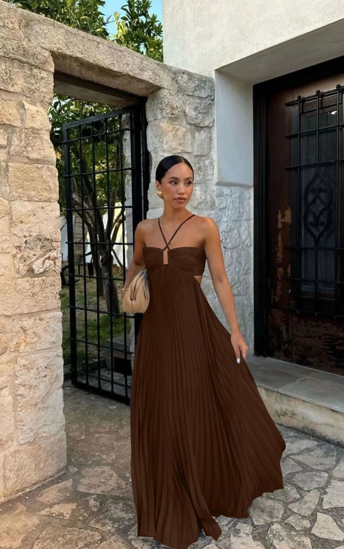 Ins Pleated Sleeveless Sling Dress Hollow High Waist Halter Robe Dresses For Evening Party Club Clothing Women DC-Beyond Borders Collective