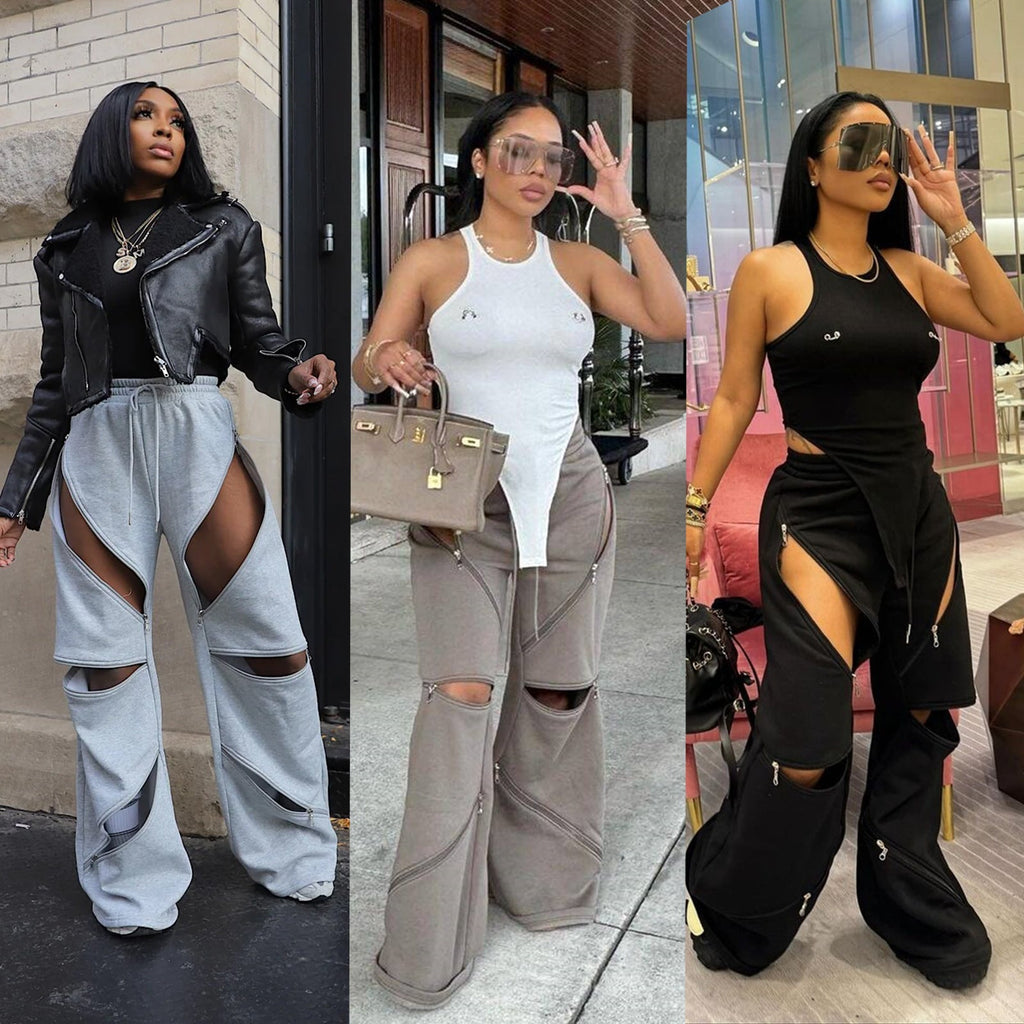 Fashionable Patchwork Wide-leg Flared Pants With Multiple Zippers DC-Beyond Borders Collective