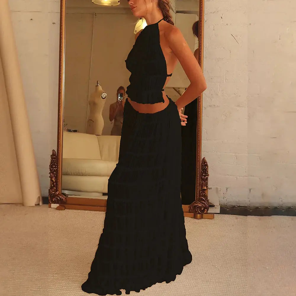 2pcs Women's Dress Suit Sexy Sleeveless Backless Cropped Halter Top And Pleated Long Skirt Beach Clothing DC-Beyond Borders Collective