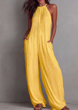 Resort-style White Pleated Open-back Wide-leg Jumpsuit DC-Beyond Borders Collective