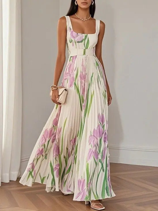 Floral Print Pleated Dress Summer A-Line Sleeveless Midi Dresses Women's Clothing DC-Beyond Borders Collective