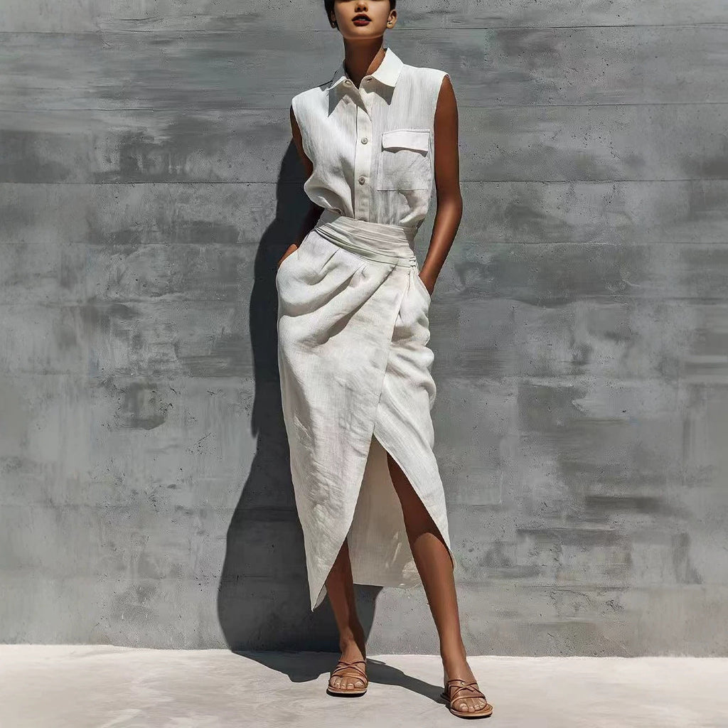 Sleeveless Lapel-button Pocket Shirt And Slit Skirt Set DC-Beyond Borders Collective