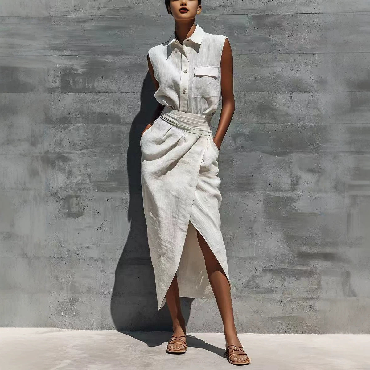 Sleeveless Lapel-button Pocket Shirt And Slit Skirt Set DC-Beyond Borders Collective