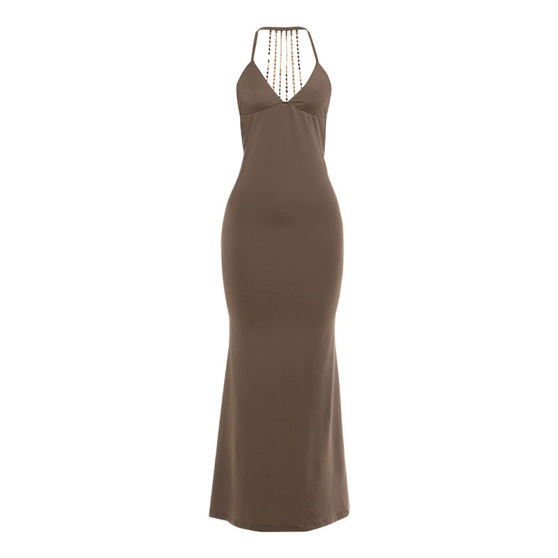 Womens Sexy V-Neck Backless Chain-Trimmed Bodycon Dress DC-Beyond Borders Collective