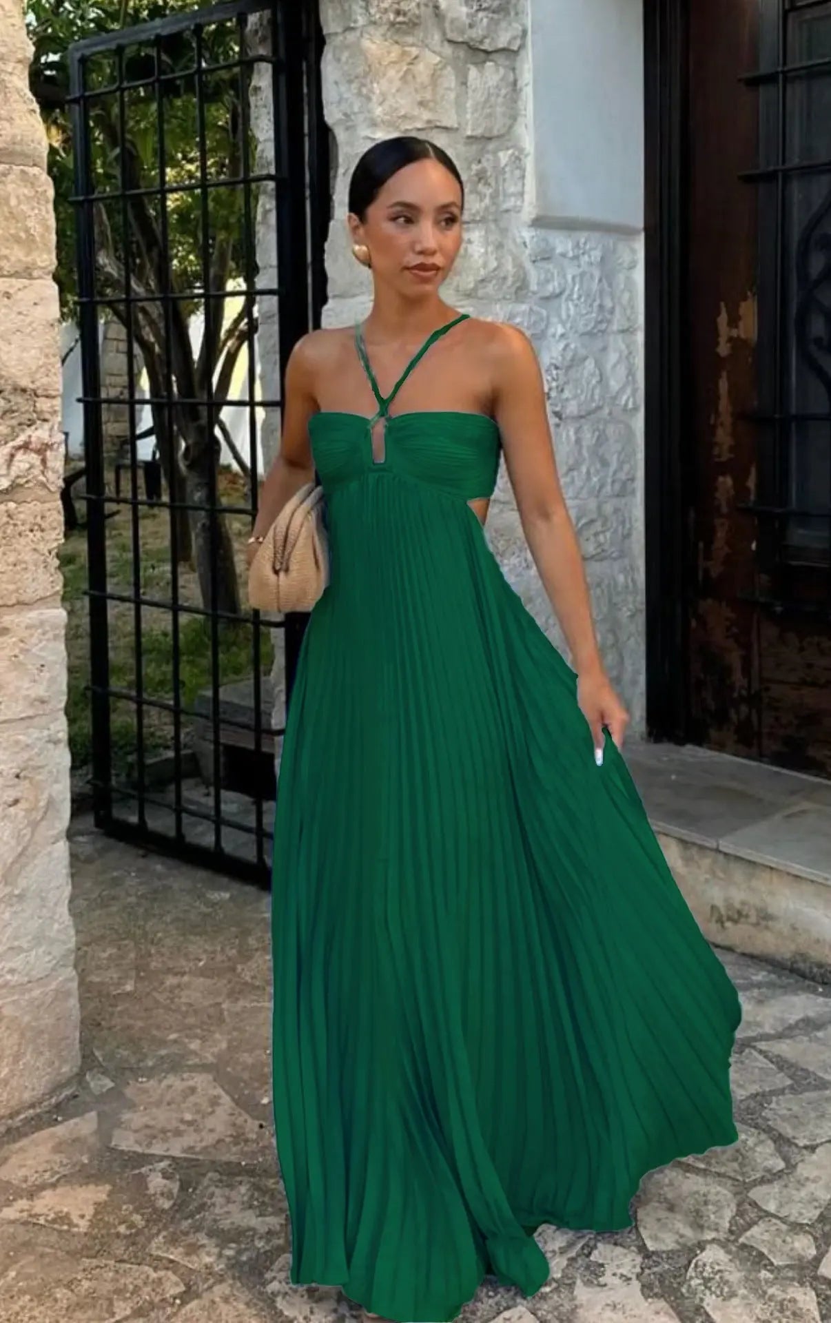 Ins Pleated Sleeveless Sling Dress Hollow High Waist Halter Robe Dresses For Evening Party Club Clothing Women DC-Beyond Borders Collective
