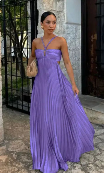 Ins Pleated Sleeveless Sling Dress Hollow High Waist Halter Robe Dresses For Evening Party Club Clothing Women DC-Beyond Borders Collective