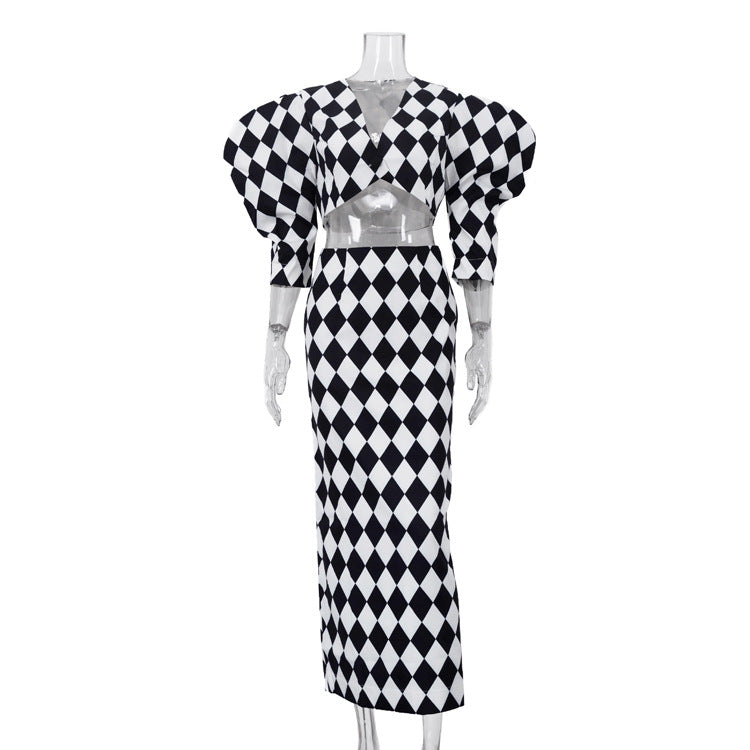 Diamond Check Puff Sleeve V-Neck Crop Top & High Waist Mermaid Maxi Skirt 2-Piece Co-Ord Set DC-Beyond Borders Collective