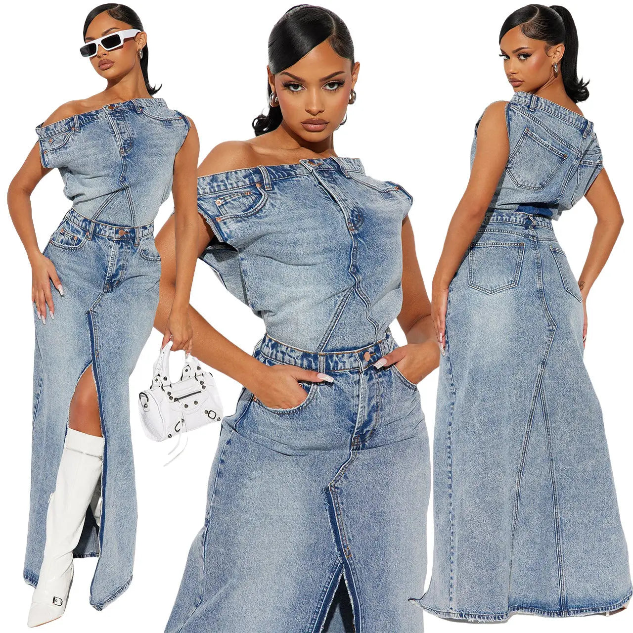 Women's Fashion Retro Denim Casual Denim Skirt Suit RightOn68