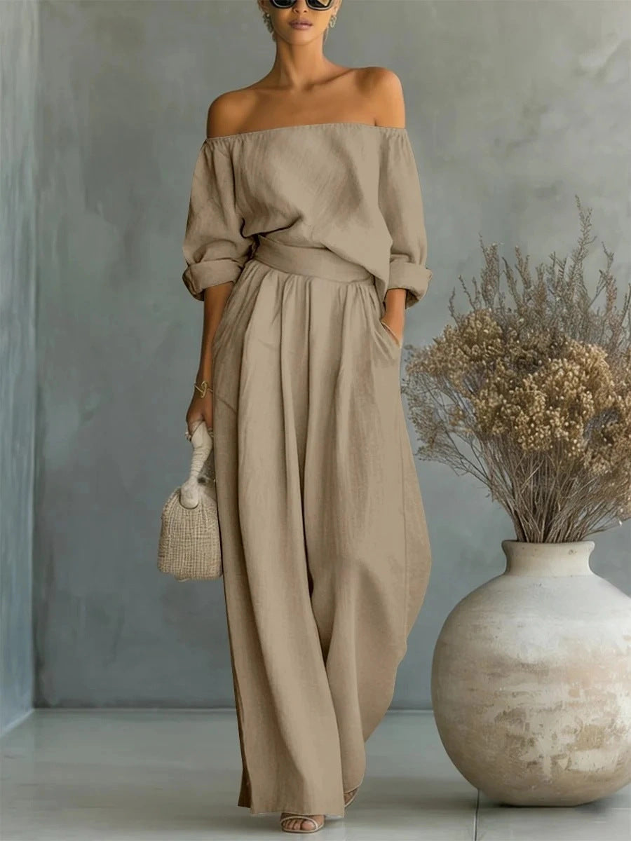 Casual Two-Piece Womens Outfit Off-Shoulder Top And Wide-Leg Pants Set DC-Beyond Borders Collective