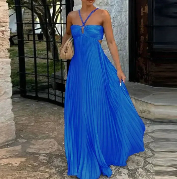 Ins Pleated Sleeveless Sling Dress Hollow High Waist Halter Robe Dresses For Evening Party Club Clothing Women DC-Beyond Borders Collective