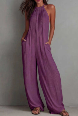 Resort-style White Pleated Open-back Wide-leg Jumpsuit DC-Beyond Borders Collective