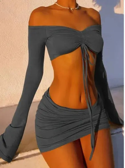 Drawstring Drop Ruched Off Shoulder Two-piece Skirt Set Y2K Long Sleeve Top & Bodycon Skirt Outfits Women's Clothing DC-Beyond Borders Collective