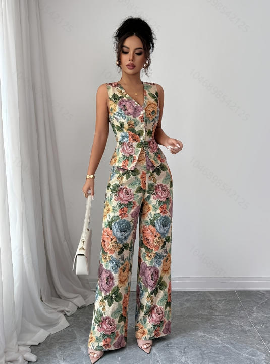Womens Printed Waist-Cinching Sleeveless Vest Top High-Waisted Wide-Leg Pants Two-Piece Set DC-Beyond Borders Collective