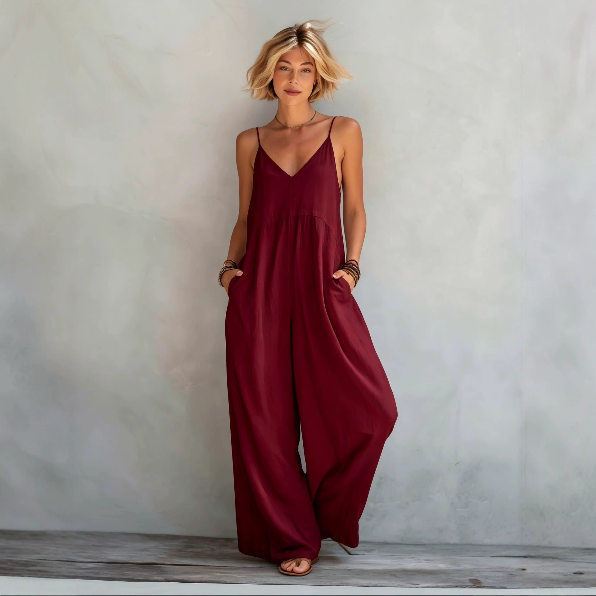 SpringSummer New Womens Solid-Color Cotton-Linen V-Neck Lace-Up Suspender Wide-Leg Jumpsuit DC-Beyond Borders Collective