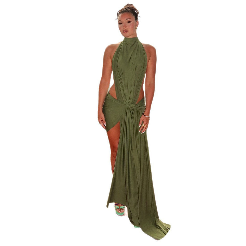 Womens Halter-Neck Lace-Up Elegant Solid-Color Off-Shoulder Bodycon Dress DC-Beyond Borders Collective