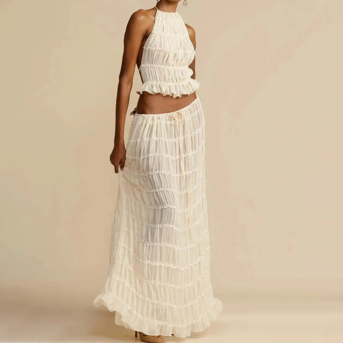 2pcs Women's Dress Suit Sexy Sleeveless Backless Cropped Halter Top And Pleated Long Skirt Beach Clothing DC-Beyond Borders Collective