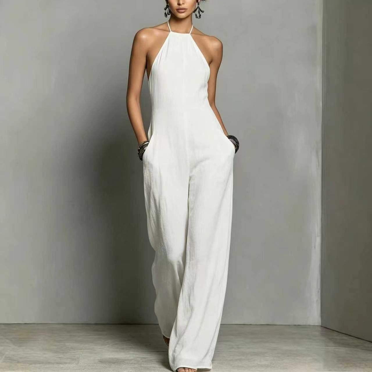 European And American Resort-style White Pleated Backless Wide-leg Jumpsuit DC-Beyond Borders Collective