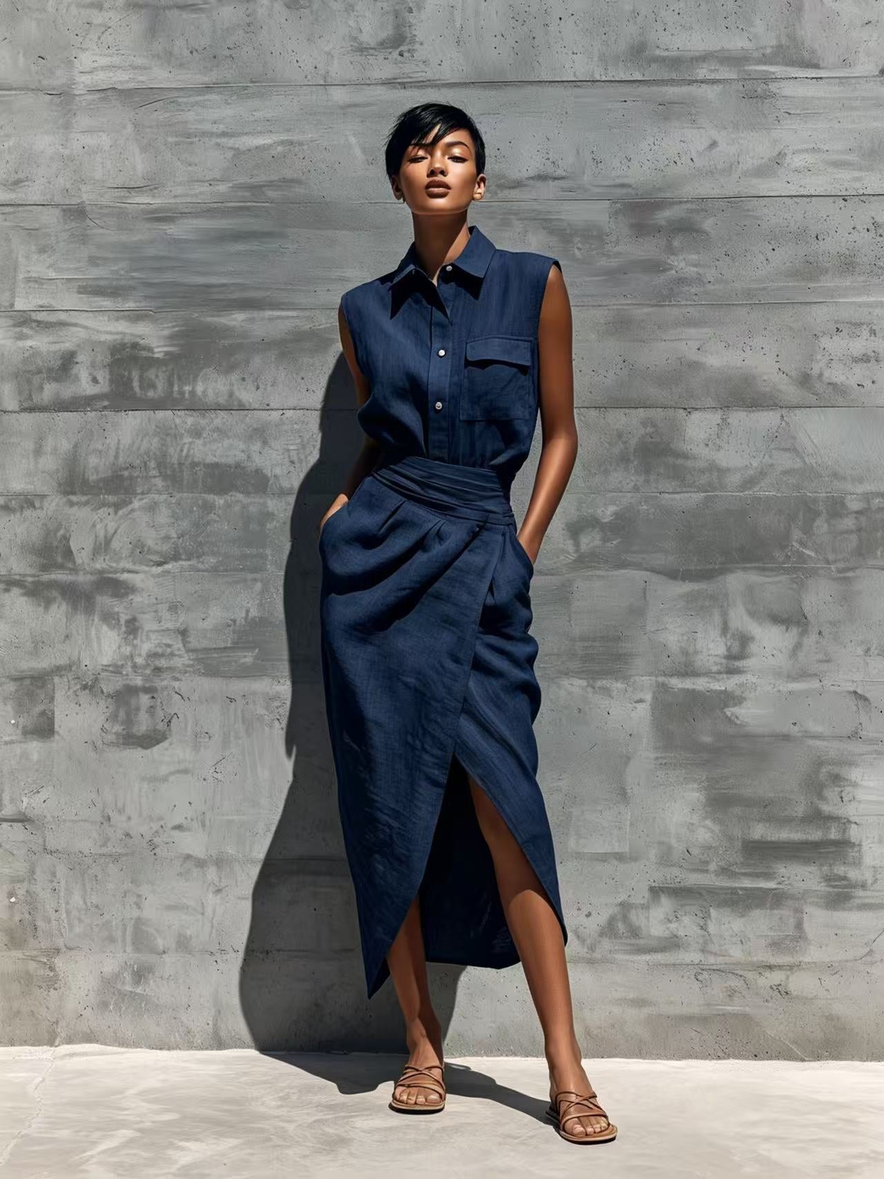 Sleeveless Lapel-button Pocket Shirt And Slit Skirt Set DC-Beyond Borders Collective