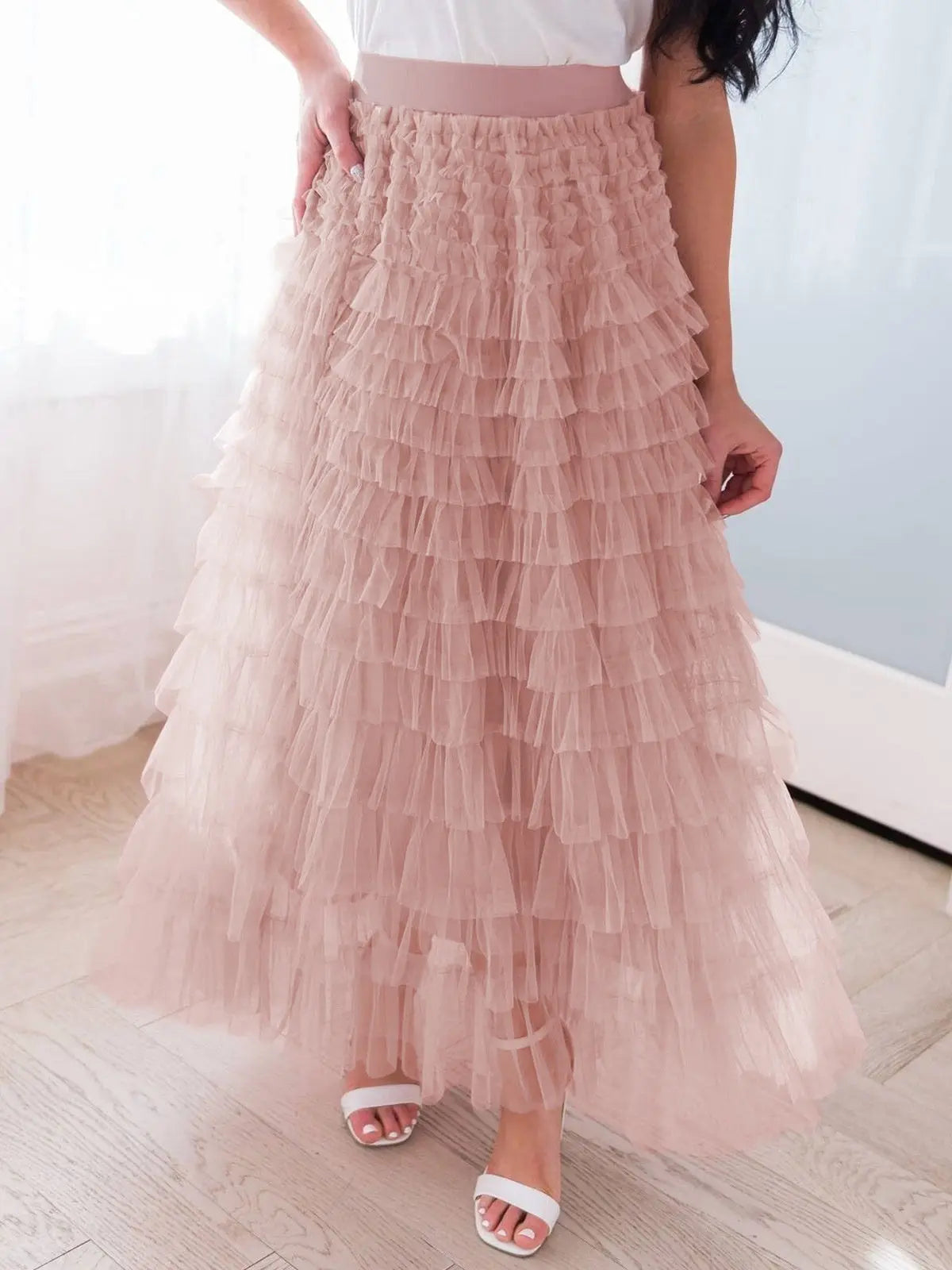 A Line Swing Mesh Long Skirt RightOn68